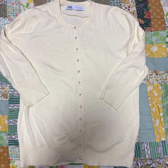 Zara Pearl Button Cardigan in Butter Yellow - Picture 1 of 6